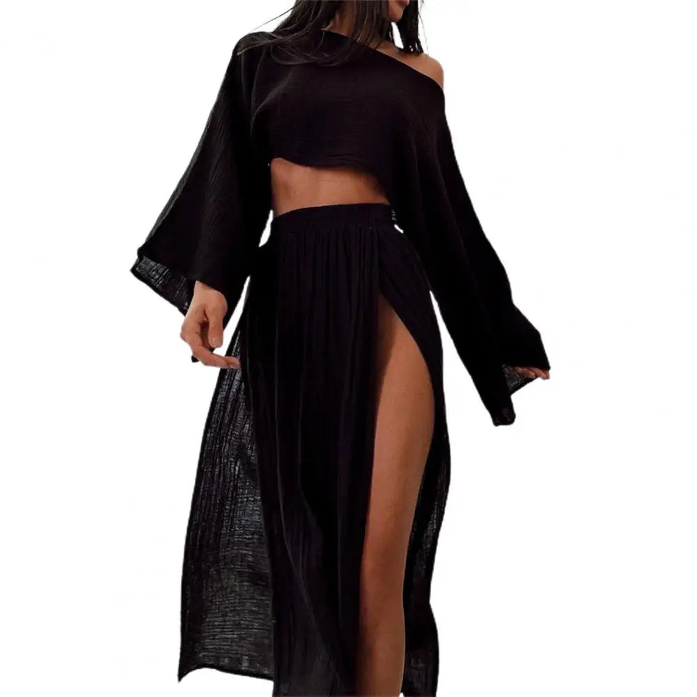 2 Pcs/Set Women Crop Top Skirt Set Long Sleeve Slant Neck Short Top High Waist Split Skirt Solid Color Club Party Top Skirts Set