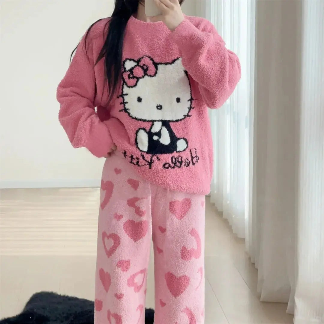 Kawaii Hello Kitty Christmas Christmas Pajamas Coral Velvet Sanrio Long-Sleeved Tops Sweet Cartoon Pajamas Casual Home Wear Set