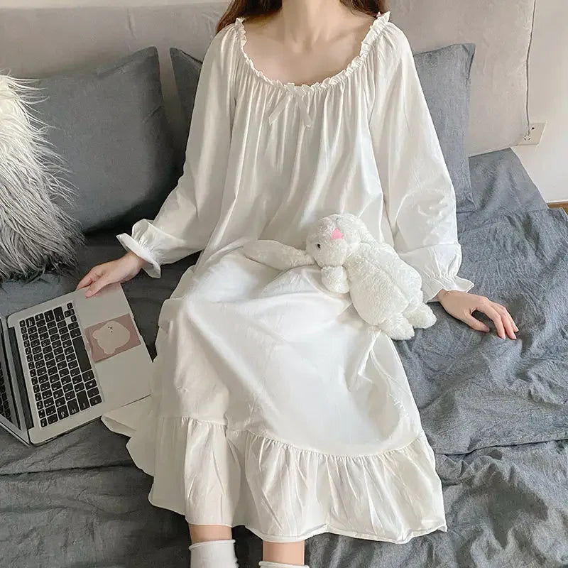 White Night Dress Women Korean Style Ruffles Pajamas Long Sleeve Solid Night Wears for Women Loose Nightgown for Sleep Ladies