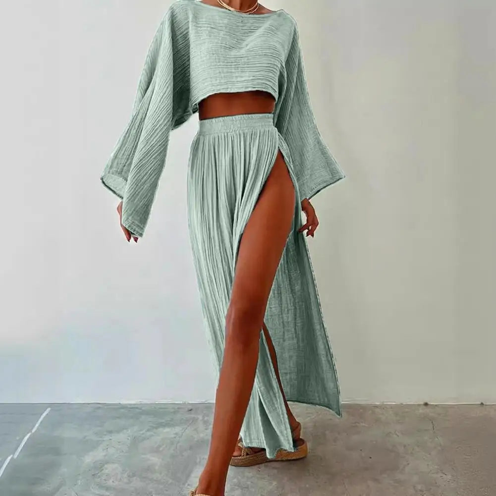 Women Crop Top Skirt Set Long Sleeve Slant Neck Short Top High Waist Split Skirt Beach Bikini Coverup Club Party Top Skirts Set