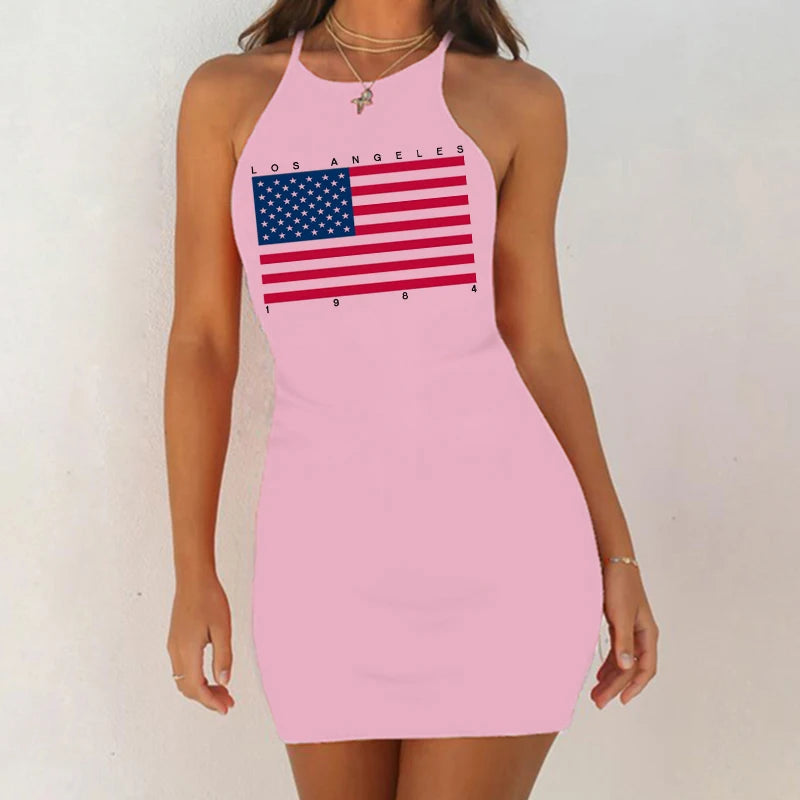 Fashion USA Letter Print Aesthetic 90s Sexy Sleeveless Night Dress Casual Summer Nightwear Slim Pack Hip Sleepshirts 3 Colors