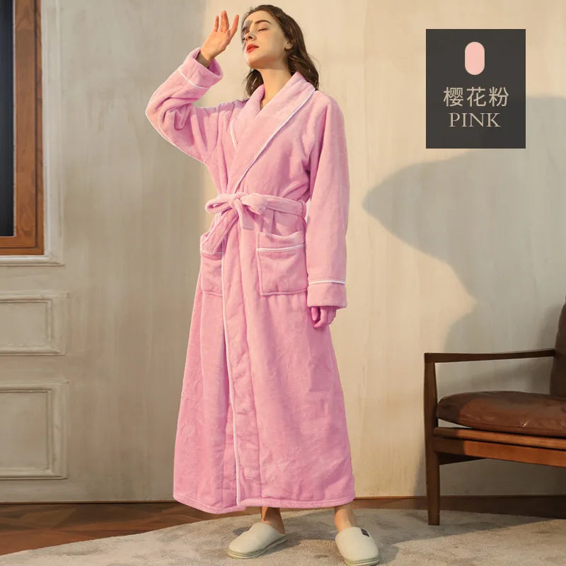 Night Dress Women Bathrobe Flannel Robe Women's Winter Lengthened Coralline Plush Shawl Bathrobe Long Sleeved Warm Bath Robe Men