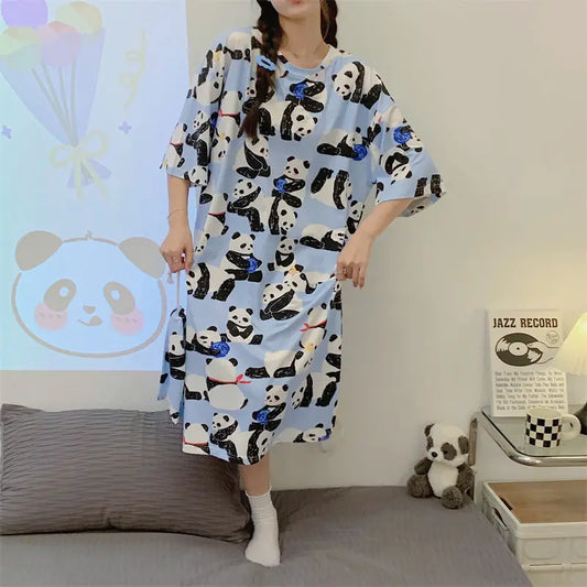 Plus Oversize Women Pajamas Dress Female Loose Cartoon Print Long Sleep Shirt Girls Thin Summer Home Clothing Can Be Wear Out