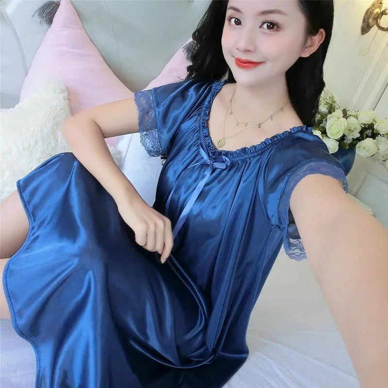 2024 Women Ice Silk Sleepwear Set Nightdress Homewear Nightwear Pyjamas Female Lace Sleepwear V-neck Nightgown 40kg-100kg