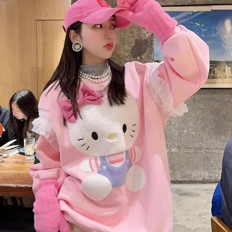 Kawaii Hellokitty Loose Sweatshirt Sweet Lace Sweater Sweet Girl Sweater Three-Dimensional Cartoon Patch Plus Velvet Casual Wear