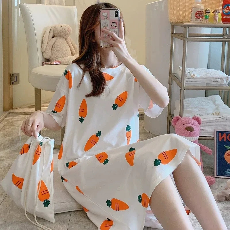 New Womens Nightshirt Night Dress Cartoon Sleepwear Ladies Short Sleeve Soft Comfortable Nightwear Print Pyjama Dress