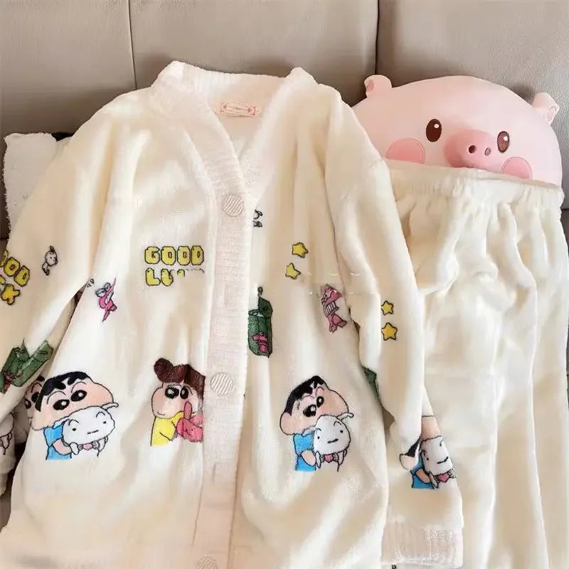 Hot Kawaii Hellokitty V-Neck Pajamas Girl Cute Sweet Home Clothes Sanrio My Melody Autumn Winter Flannel Cotton Suit Casual Wear