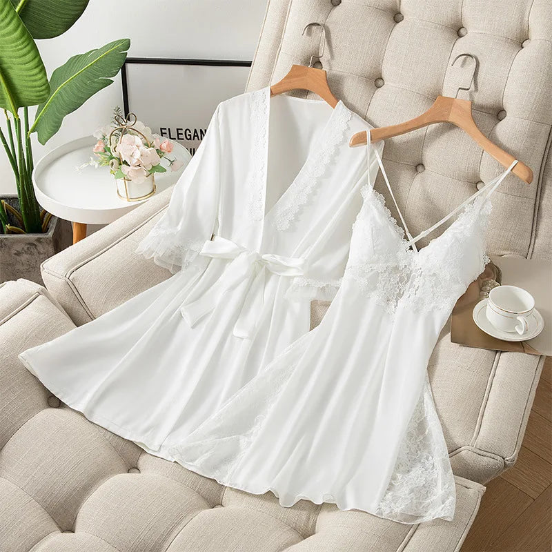 2PCS Kimono Robe Set Womens Satin Sleepwear Nightgown Sexy Casual Loungewear Home Wear Intimate Lingerie Lace Bathrobe Gown