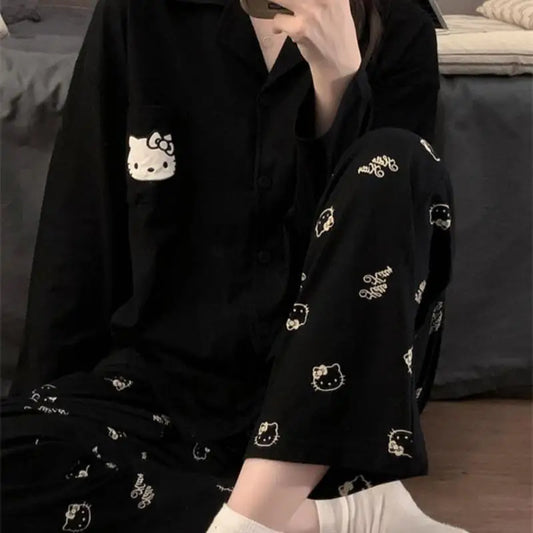 Sanrio Cardigan Leisure Time V-Neck Pajama Set Kawaii Hello Kitty Comic Lovely Spring and Autumn Student Leisure Wear Fashion