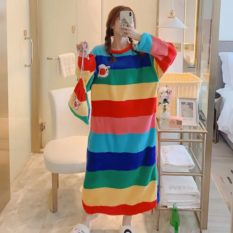 100kg Large Size Winter Flannel Nightgown Women Korean Student Cartoon Coral Velvet Sleepwear Long Sleeve Thick Warm Home Dress