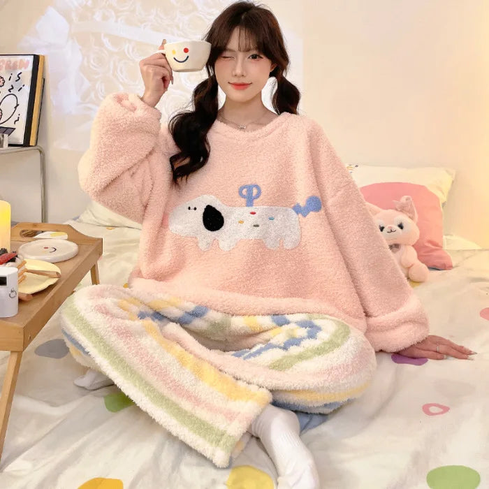 Kawaii Hello Kitty Pajama Suit Long-Sleeved Warm Tops Girl Sweet Pants Thickened Cute Round Neck Pullover Casual Home Wear Suit