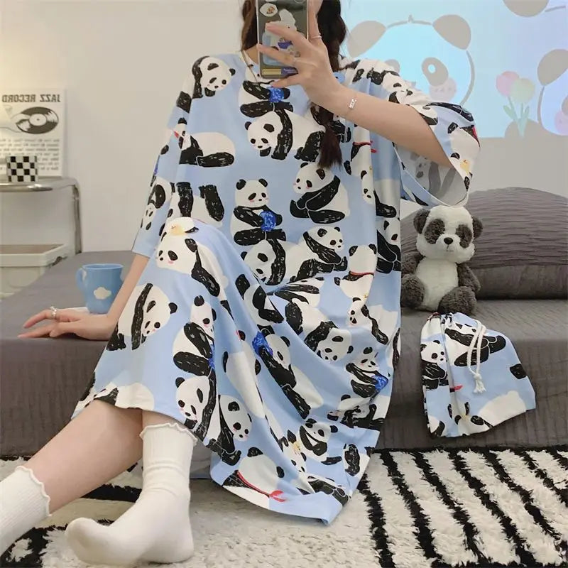 Plus Oversize Women Pajamas Dress Female Loose Cartoon Print Long Sleep Shirt Girls Thin Summer Home Clothing Can Be Wear Out