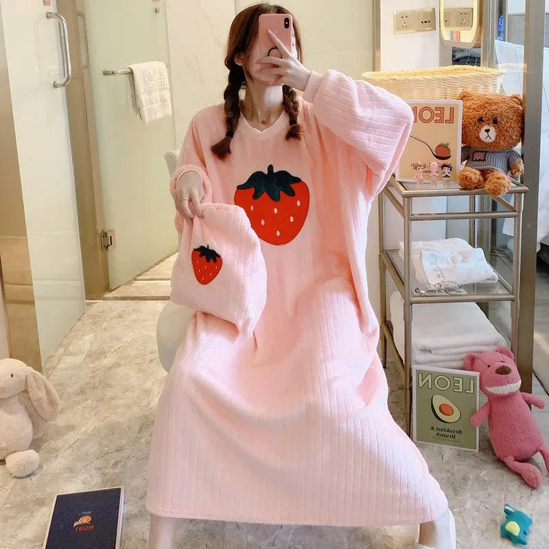 100kg Large Size Winter Flannel Nightgown Women Korean Student Cartoon Coral Velvet Sleepwear Long Sleeve Thick Warm Home Dress