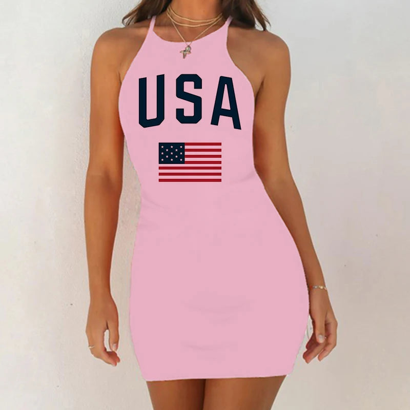 Fashion USA Letter Print Aesthetic 90s Sexy Sleeveless Night Dress Casual Summer Nightwear Slim Pack Hip Sleepshirts 3 Colors