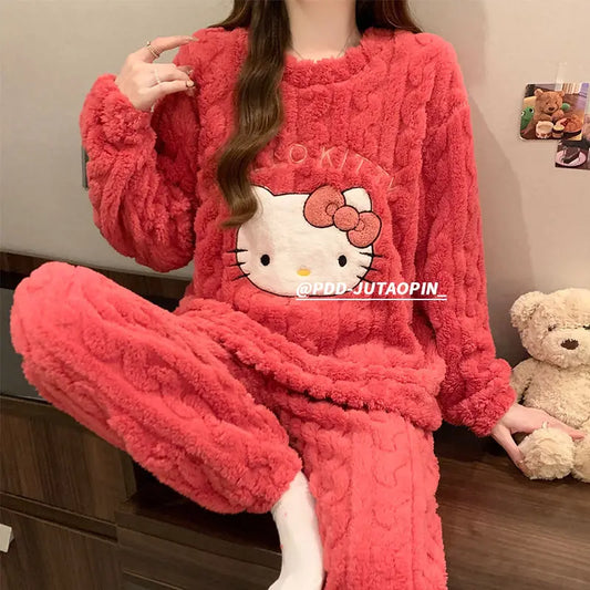 Hello Kitty Coral Velvet Pajamas Girls Long-Sleeved Tops Autumn Winter Velvet Thickened Pajamas Warm Student Pants Home Clothes