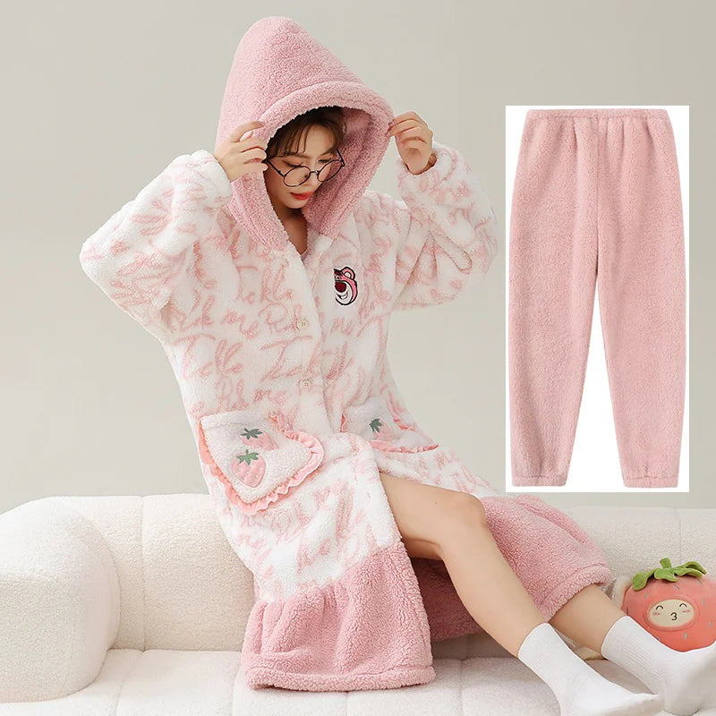 Kawaii Hello Kitty Hooded Pajamas Pajamas Girls Autumn Winter Long-Sleeved Tops Sanrio Thickened Bathrobe Casual Home Wear Set