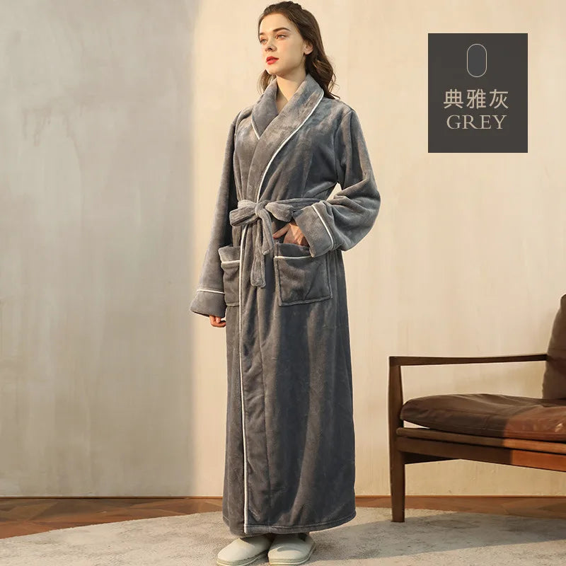 Night Dress Women Bathrobe Flannel Robe Women's Winter Lengthened Coralline Plush Shawl Bathrobe Long Sleeved Warm Bath Robe Men