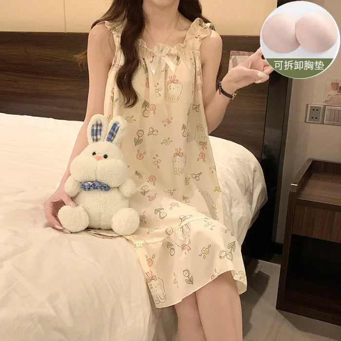 Plus Size Summer Suspender Nightdress with Chest Pad Korean Sleep Dress Loose Pajamas Outerwear Ruffle Thin Cartoon Loungewear