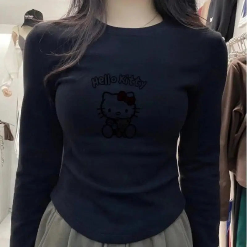 Hot Kawaii Hello Kitty Plush Bottoming Shirt One-Shoulder Sweet Sanrio Spicy Girl Lined Low-Neck Slim Long-Sleeved T-Shirt Top