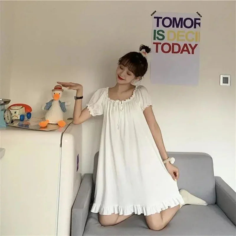 White Night Dress Women Korean Style Ruffles Pajamas Long Sleeve Solid Night Wears for Women Loose Nightgown for Sleep Ladies