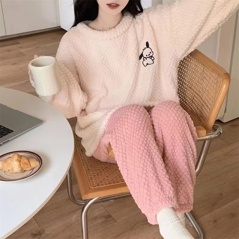 Hot Kawaii Pochacco Pajamas Pajamas Girls Tops Hello Kitty Round Neck Pullover Long Sleeve Trousers Sweet Warm Casual Home Wear