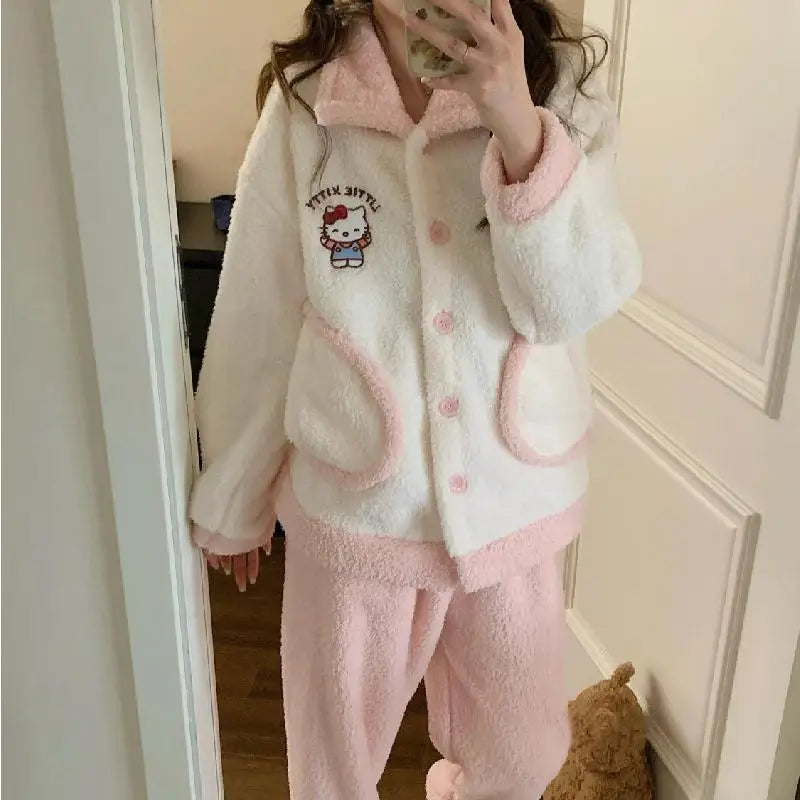 Hot Kawaii Sweet Hello Kitty Coral Velvet Pajamas Pajamas for Girls Thickened Cartoon Home Clothes Plush Warm Casual Wear Set