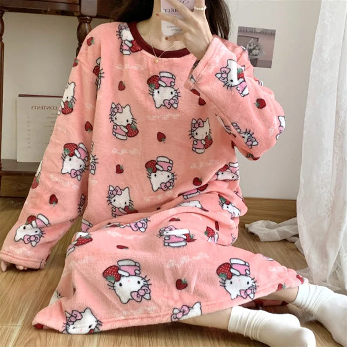 Kawaii Hello Kitty Cartoon Nightgown Girl Medium Long Nightgown Pompom Purins Coral Velvet Cute Pajamas Medium Long Home Clothes