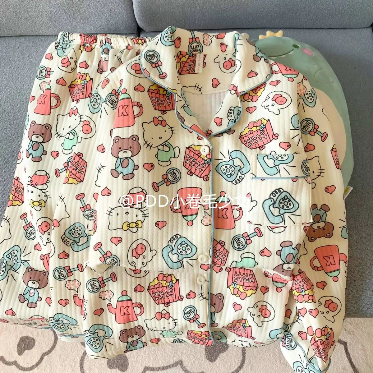 Hot Kawaii Cute Pajamas 2Pcs Hello Kitty Cartoon Girls Long Sleeve Sanrio Sweet Top Pure Cotton Warm Pants Casual Home Wear Set