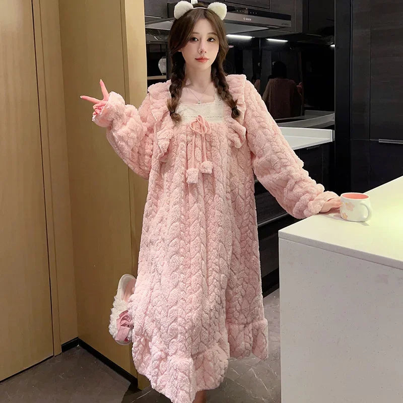 5XL Plus Size Women Winter Nightgown Sweet Coral Velvet Long Sleepwear Warm Home Clothes Fleece-Lined Thickened Robe Sleep Dress