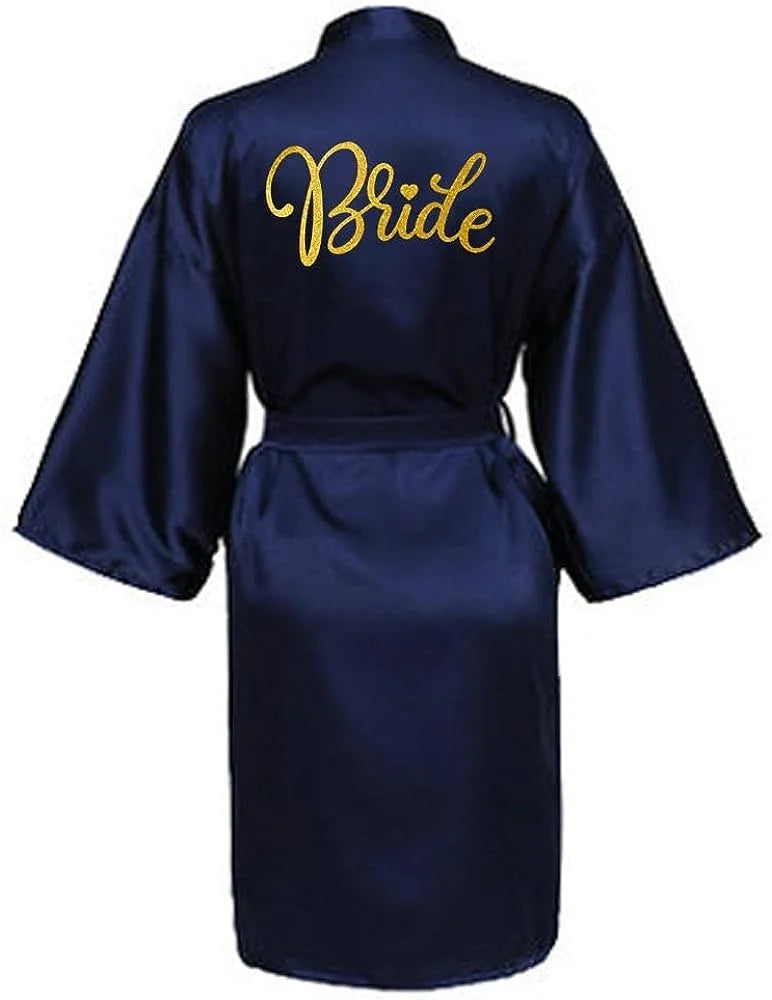 Bride Bridesmaid Wedding Robe Kimono Bathrobe Nightgown Satin Women Nightwear Sleepwear Gold Letter