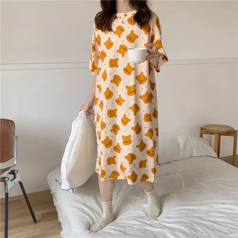 Plus Oversize Women Pajamas Dress Female Loose Cartoon Print Long Sleep Shirt Girls Thin Summer Home Clothing Can Be Wear Out