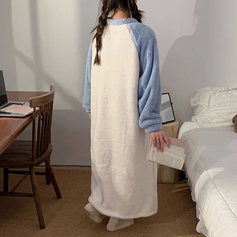 Large Size Coral Fleece Nightdress Women Winter Fleece-lined Thickened Pajamas Cartoon Flannel Home Clothe Can Be Worn Outsides