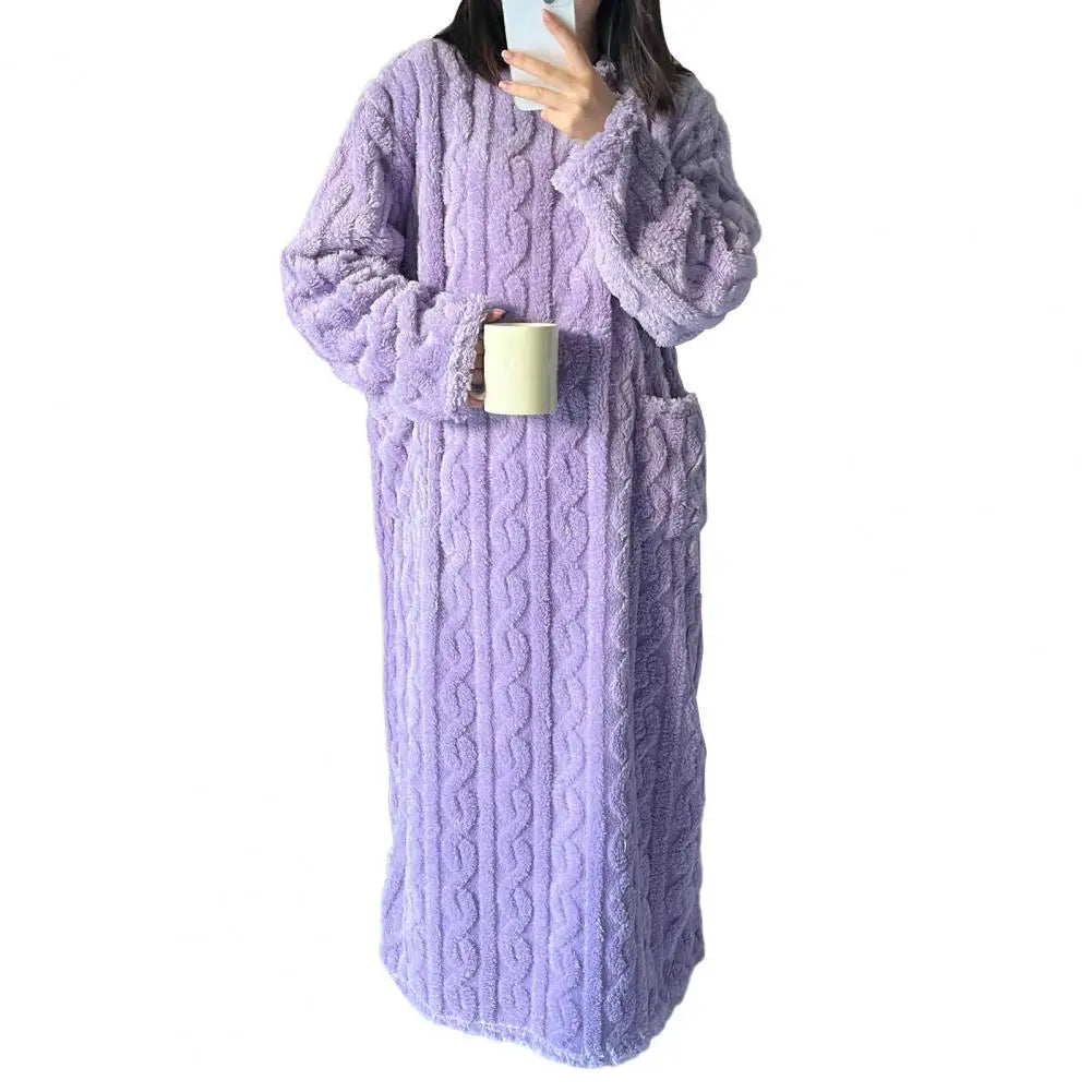 Coral Fleece Women Nightgown Winter Thicken Loose Pockets Velvet Nightgown Twisted Texture Thermal Homewear Cozy Lady Nightdress