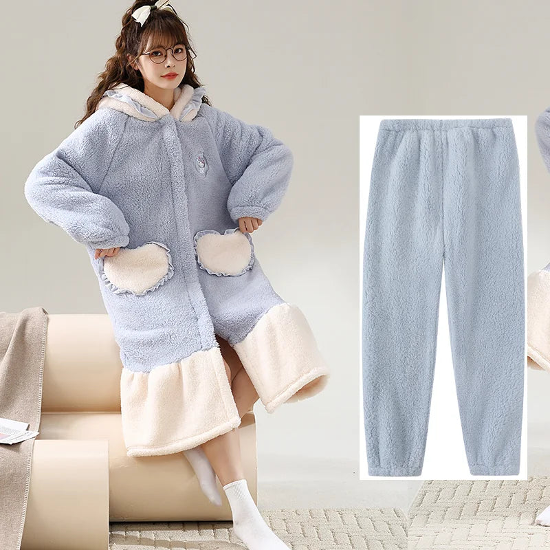 Kawaii Hello Kitty Hooded Pajamas Pajamas Girls Autumn Winter Long-Sleeved Tops Sanrio Thickened Bathrobe Casual Home Wear Set