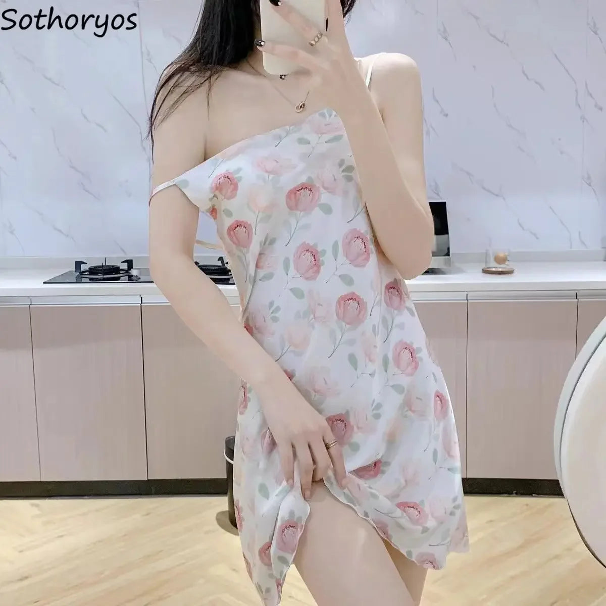 Spaghetti Strap Nightgowns Women Summer Print Sexy Sleepwear Breathable Daily Simple Ulzzang Fashion Soft Nighty for Ladies Chic