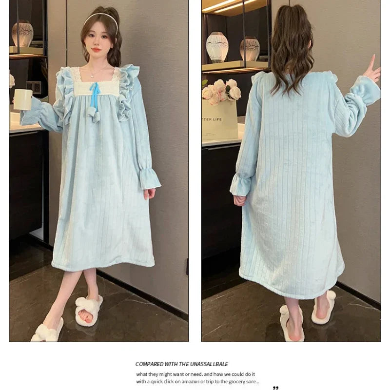 Winter Warm Sleepwear Princess Style Women's Flannel Nightgown Homewear Soft Coral Velvet Court Pajama Solid Loose Sleep Dress