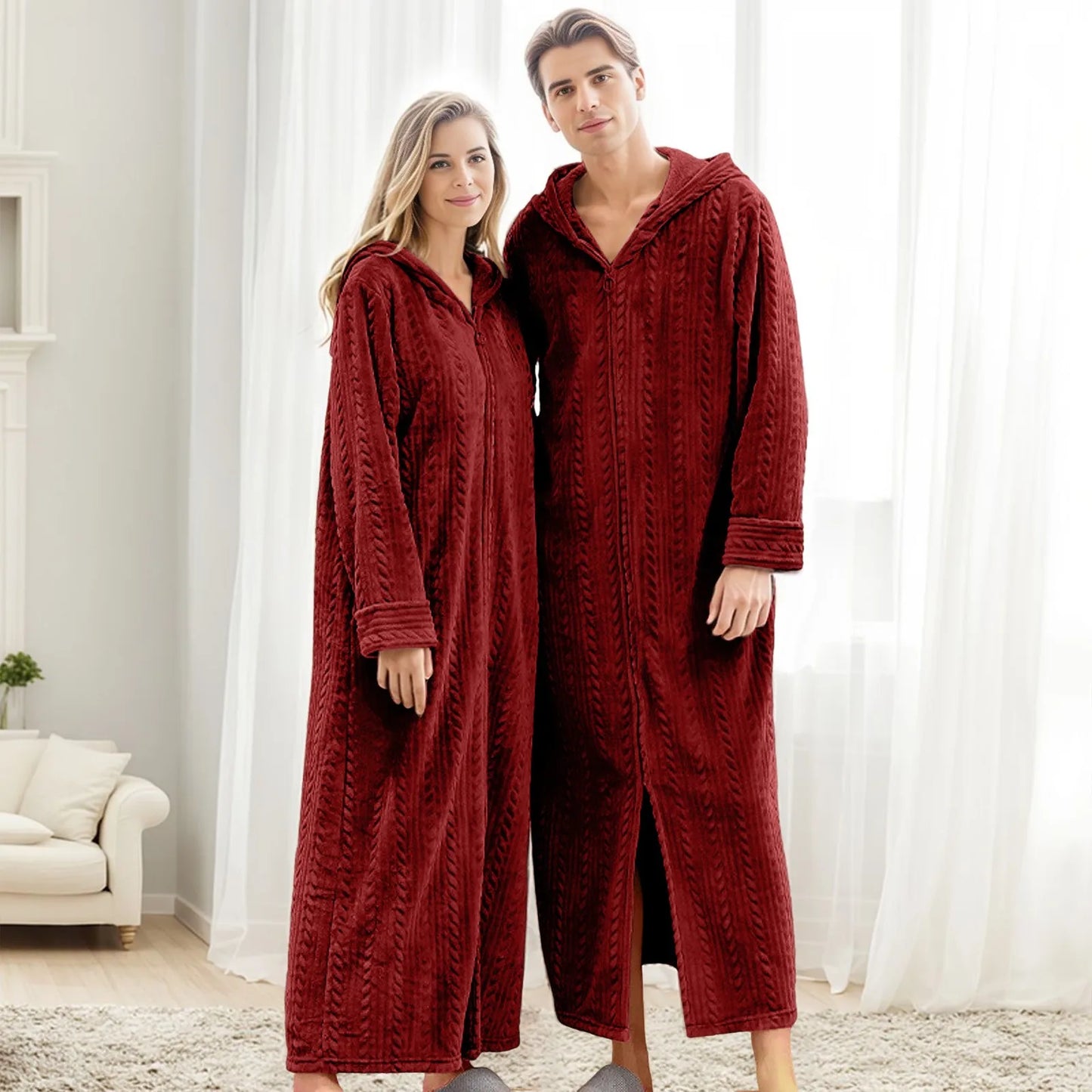 Long Hooded Zipper Bathrobe For Lovers Flannel Fleece Robes Winter Warm Housecoat Nightgown Family Christmas Pajama Pants