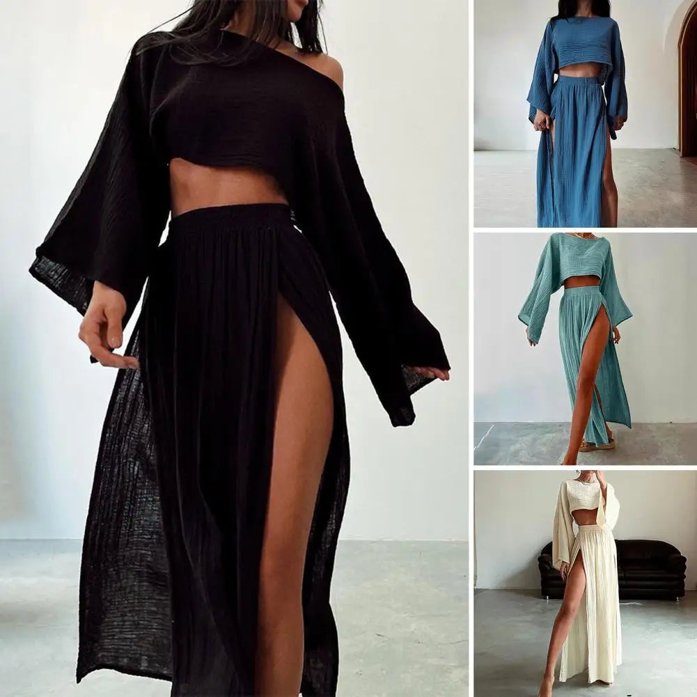 2 Pcs/Set Women Crop Top Skirt Set Long Sleeve Slant Neck Short Top High Waist Split Skirt Solid Color Club Party Top Skirts Set