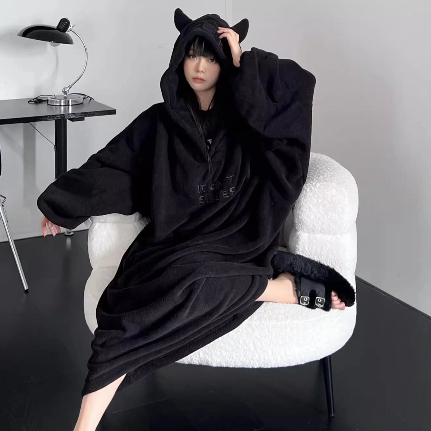 Thickened padded pajamas Solid color Homewear Loose oversized hooded Dresses Imp couple robe Fall and winter one-piece Sleepwear