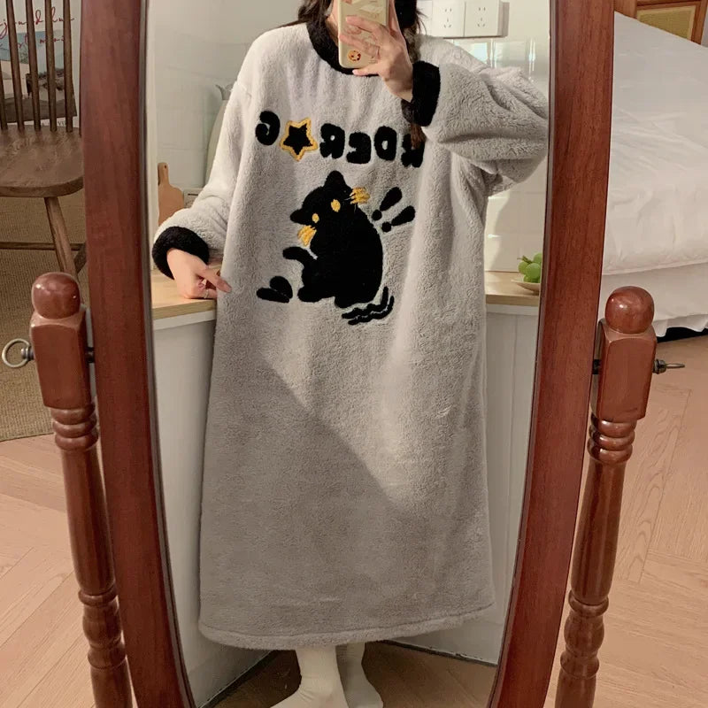 Large Size Coral Fleece Nightdress Women Winter Fleece-lined Thickened Pajamas Cartoon Flannel Home Clothe Can Be Worn Outsides