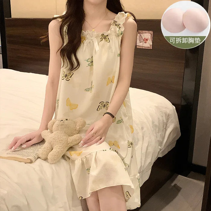 Plus Size Summer Suspender Nightdress with Chest Pad Korean Sleep Dress Loose Pajamas Outerwear Ruffle Thin Cartoon Loungewear