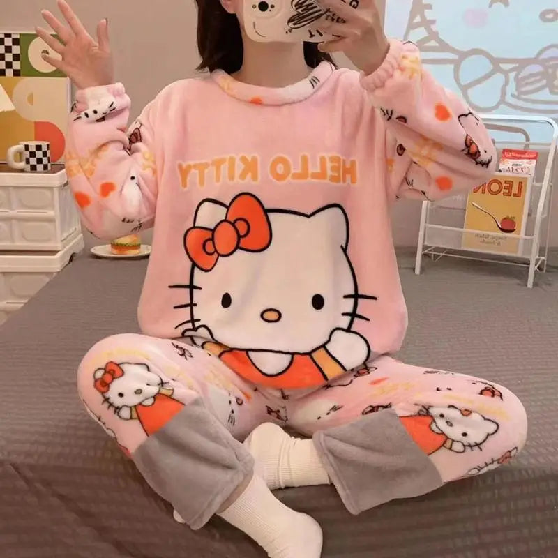 Hot Kawaii Hello Kitty Coral Velvet Pajamas Long-Sleeved Y2K Sanrio Tops Girls Pajama Pants Cute Cotton Jacket Casual Home Wear