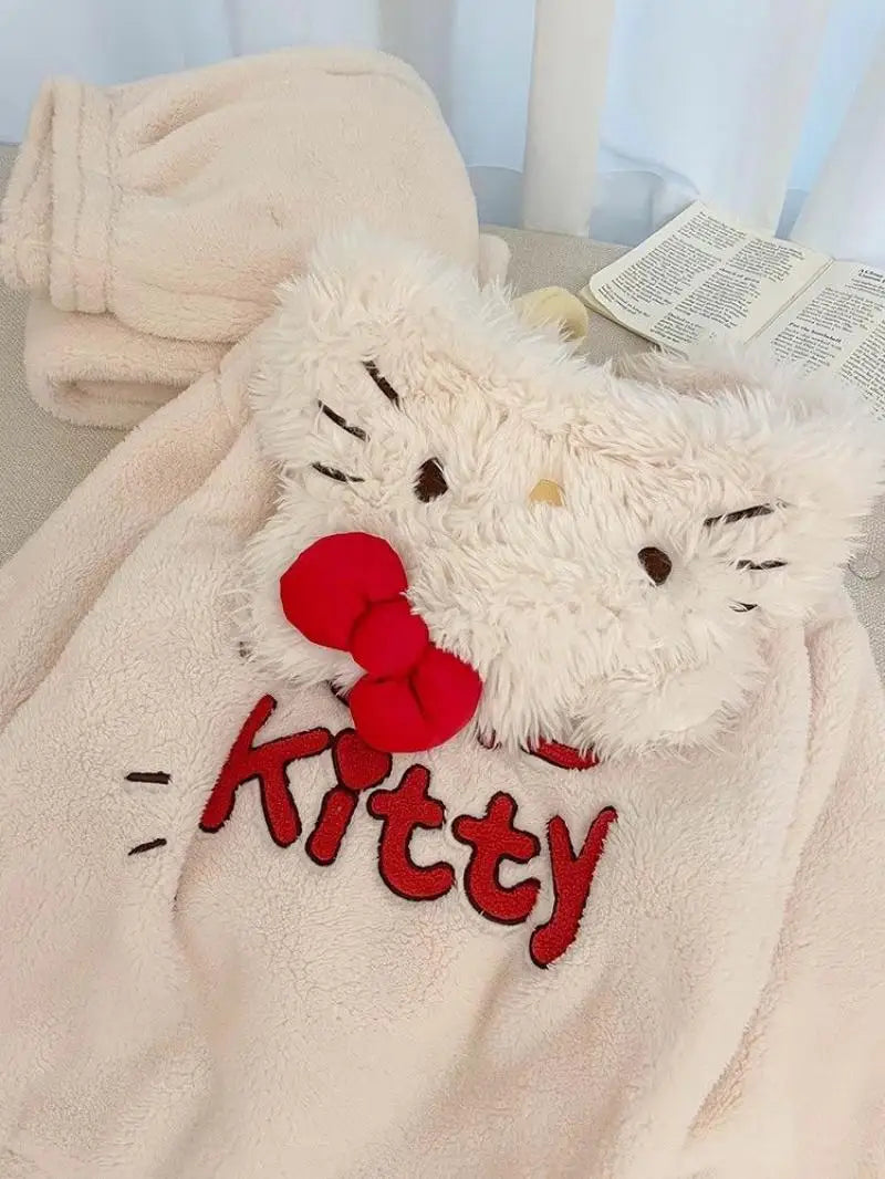 Hot Kawaii Hello Kitty Pajamas 2Pcs Girls Pants Autumn Winter Cute Loose Tops Long Sleeves Plus Velvet Soft Casual Home Wear Set