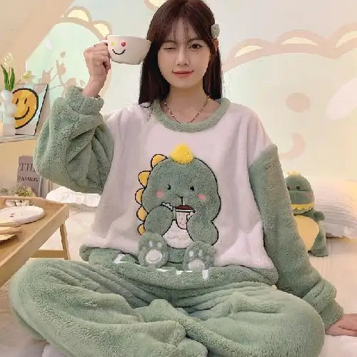 Hot Kawaii Hello Kitty Autumn Winter Pajamas Long-Sleeved Tops Sanrio Girls Flannel Pajamas Cute Cartoon Casual Home Clothes Set