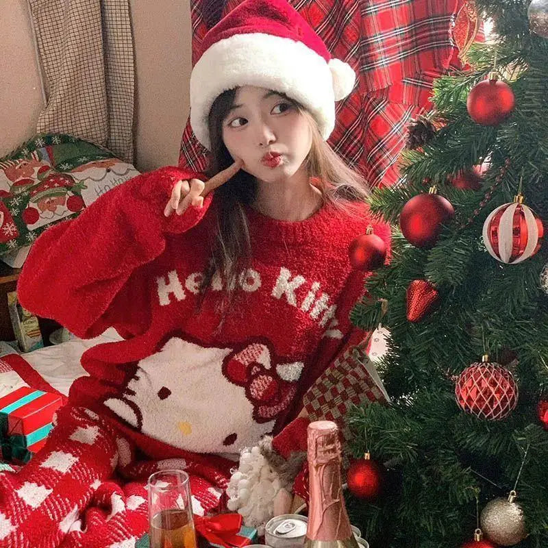 Kawaii Hello Kitty Christmas Christmas Pajamas Coral Velvet Sanrio Long-Sleeved Tops Sweet Cartoon Pajamas Casual Home Wear Set