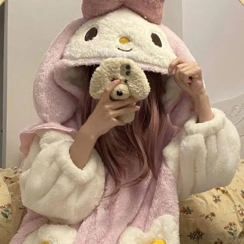 Hot Kawaii My Melody Cartoon Pajamas Girls Pajamas Pants Hangyodon Nightgown Thickened Hooded Home Clothes Casual All-Match Suit