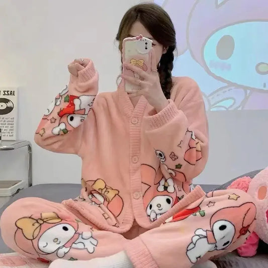 Hot Kawaii Hellokitty V-Neck Pajamas Girl Cute Sweet Home Clothes Sanrio My Melody Autumn Winter Flannel Cotton Suit Casual Wear