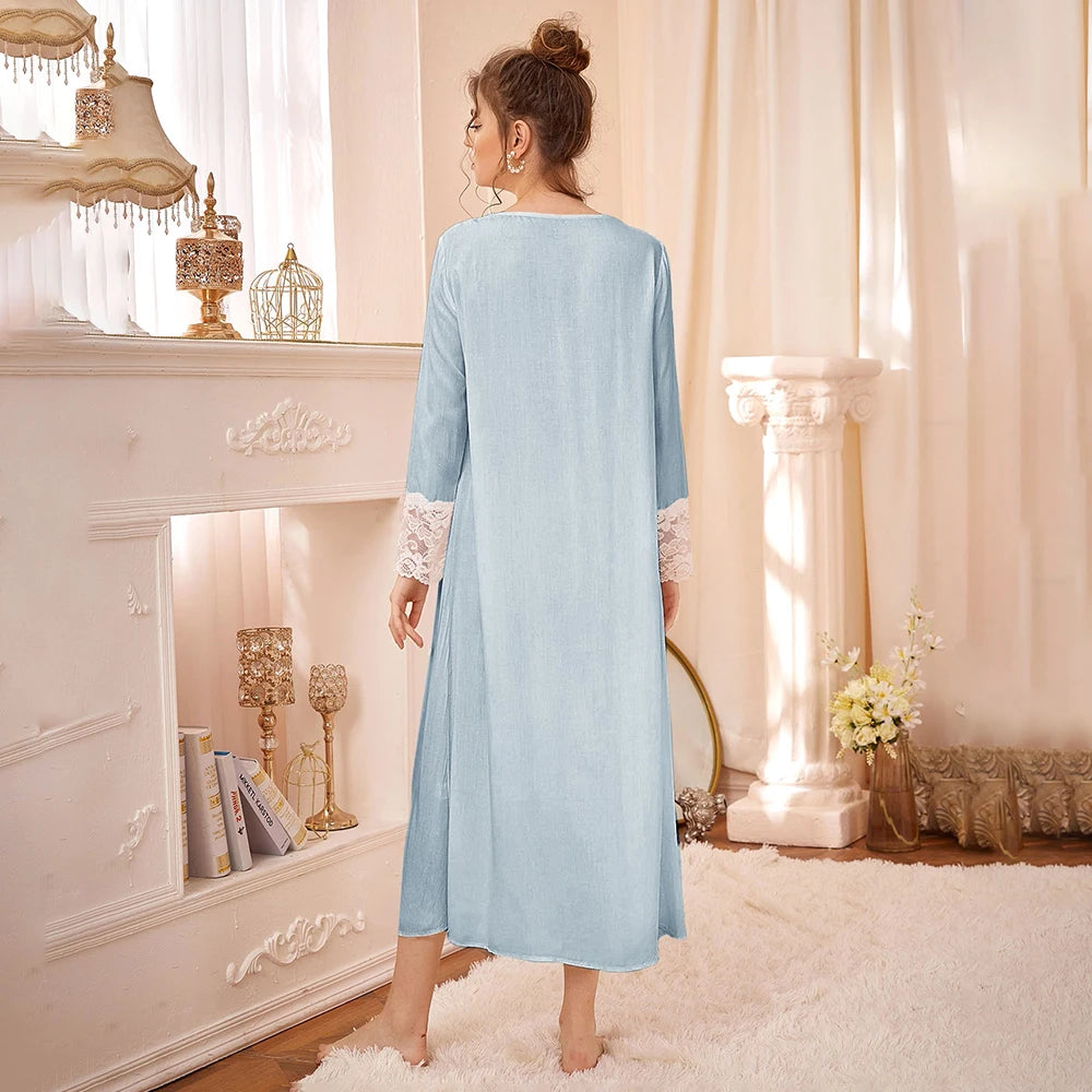 Long Nightgown Women Modal Home Dress V-Neck Solid Fashion Long Sleeves Night Gown Women New Autumn Winter Night Women Sleepwear