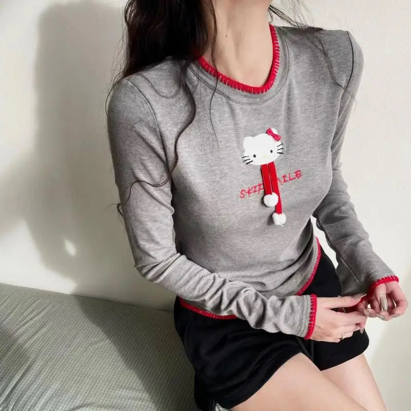 Hot Kawaii Hello Kitty Sweet Cute Sweatshirt Girl Long-Sleeved T-Shirt Sanrio Hot Girl Cartoon Slim Casual Sports Versatile Tops