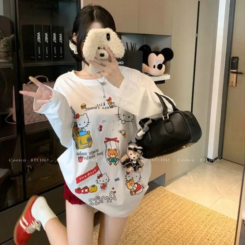 Kawaii Sanrios Hellokitty Cute Cartoon Print Long Sleeve Loose T-Shirt Girls Casual White Sweet Couple Versatile Round Neck Tops